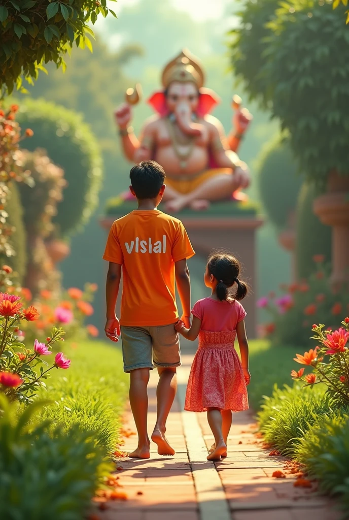 20 year old boy walking and holding hand with Kishan bhavan , boy is bare feet wearing saffron T-shirt with name" vishal written boldly, environment is gorgeous, background is garden, both are in focus, ultra clear, hyper detailed Image, Ganesh ji and girl looking ahead and both are of same height