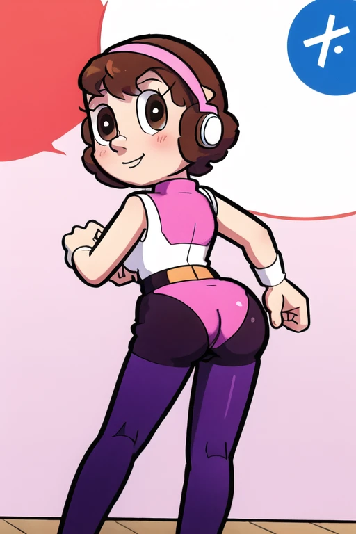 tpyumiko,, brown hair, Wearing Headphones, dancing, disco, nervous smile, blush, pink leggings, white sweater, big butt, full body, bubble butt