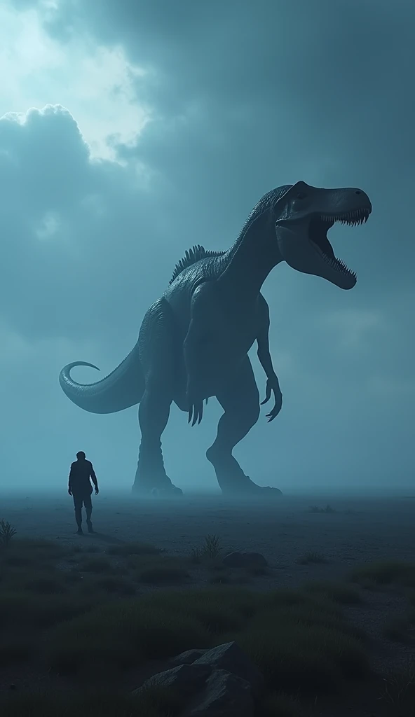 Gigantic dinasour walking across a plain in the distance amid fog, blue  haze, dark clouds, grimdark ,supense, unearthly, octan render, unreal engine , photorrealistic, hyper realism, highy detailed, high qualiy, intrincately detailed,Volumetric lighting, full character, 4K, ,hard disk ,Full HD, 8k, RTX, high resolution, detailed shadows, incredibily detailed, perfect, Dramatic scale
