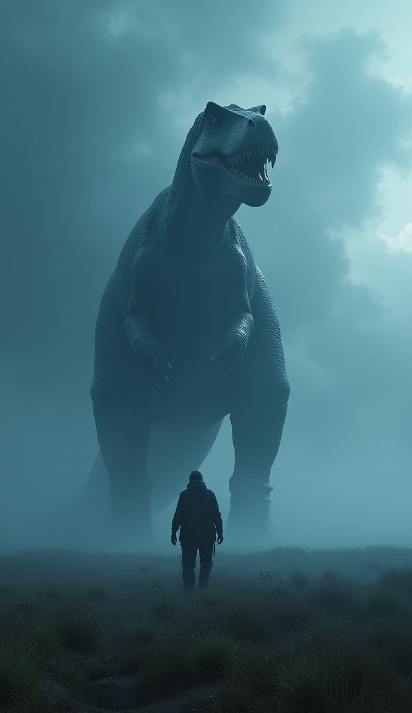 Gigantic dinasour walking across a plain in the distance amid fog, blue  haze, dark clouds, grimdark ,supense, unearthly, octan render, unreal engine , photorrealistic, hyper realism, highy detailed, high qualiy, intrincately detailed,Volumetric lighting, full character, 4K, ,hard disk ,Full HD, 8k, RTX, high resolution, detailed shadows, incredibily detailed, perfect, Dramatic scale
