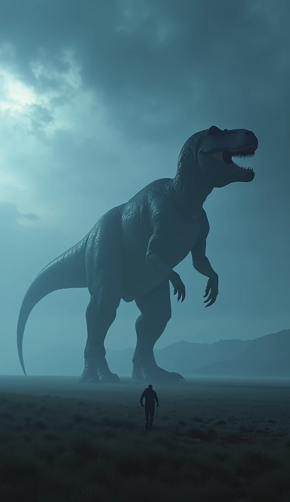 Gigantic dinasour walking across a plain in the distance amid fog, blue  haze, dark clouds, grimdark ,supense, unearthly, octan render, unreal engine , photorrealistic, hyper realism, highy detailed, high qualiy, intrincately detailed,Volumetric lighting, full character, 4K, ,hard disk ,Full HD, 8k, RTX, high resolution, detailed shadows, incredibily detailed, perfect, Dramatic scale
