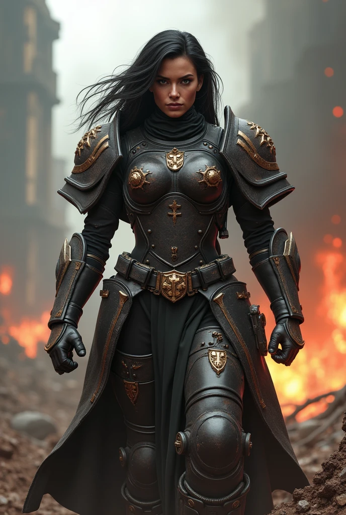 Gina Carano as a Sister of Battle (obtained a sisterhood) do warhammer 40k, in ultra-realistic format during combat, with a sexy and strong body during a great battle