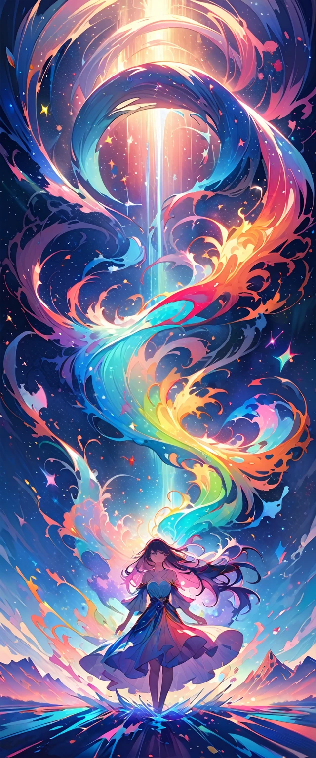 **"A breathtaking scene of a girl standing at the edge of a waterfall that cascades into a swirling galaxy below. The water shimmers with stars and cosmic light as it flows into the vast, starry expanse. The girl’s hair and dress are gently lifted by the mist, merging with the galaxy’s vibrant colors. The scene blends elements of fantasy and surrealism, creating an ethereal atmosphere where nature and the cosmos intertwine. The overall mood should be mystical and awe-inspiring, with a focus on fluid, flowing forms and luminous, otherworldly hues —q 2 —ar 2:3."**