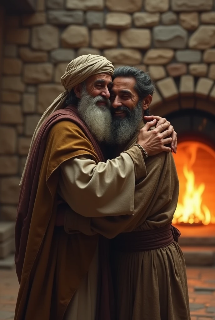 Here’s the prompt for this scene:

"A detailed scene set in ancient times, showing the old religious man wearing a turban and captured it from back side standing near the tandoor, his face filled with joy and pride. He warmly embraces the young man, holding him close to his chest in a heartfelt hug. The tandoor's warm glow illuminates their faces, highlighting the deep bond between them. The setting is rustic, with the stone walls and simple surroundings adding to the emotional and uplifting moment as the elder man expresses his happiness and approval."