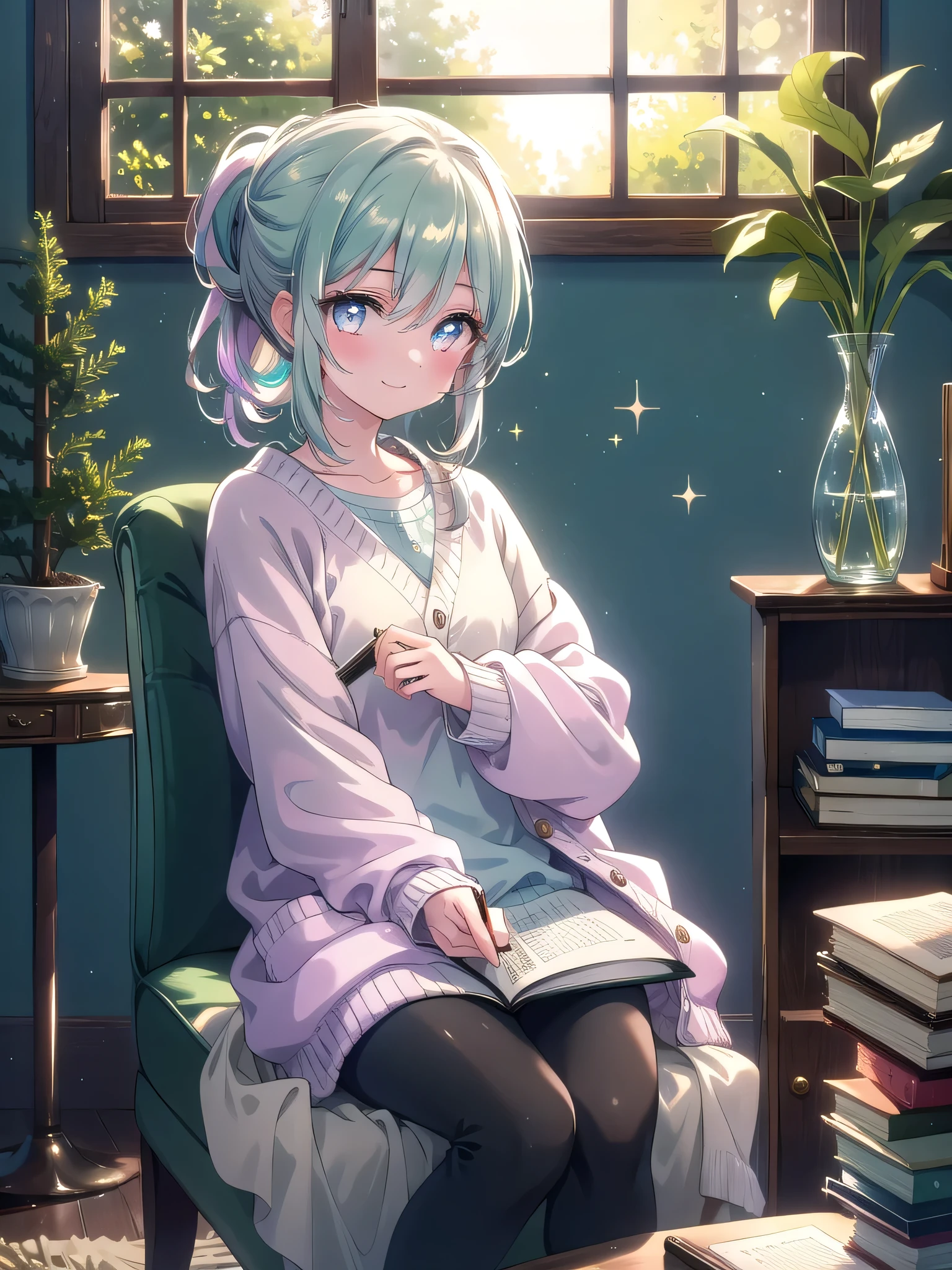 ((8k, Highest quality, masterpiece: 1.3)),Ultra-high resolution,(1 girl, alone), (Color changing eyes, Ultra-detailed, Expressive brilliance, Glitter, Glowing Eyes), Highly detailed eyes, Highly detailed face, Random Hair, ((pastel colour)) In a home office setting, the woman is seated at a wooden desk with a laptop, several notebooks, and a cup of tea. The room has white walls adorned with minimalist art prints, a cozy rug, and a small bookshelf filled with books and decorative items like candles and a globe. A window behind her shows a lush green garden with sunlight streaming in. She’s dressed casually in a cream cardigan over a plain white top and black leggings, with her hair loosely tied back. She glances at the camera with a gentle smile, appearing relaxed and content while jotting down notes.