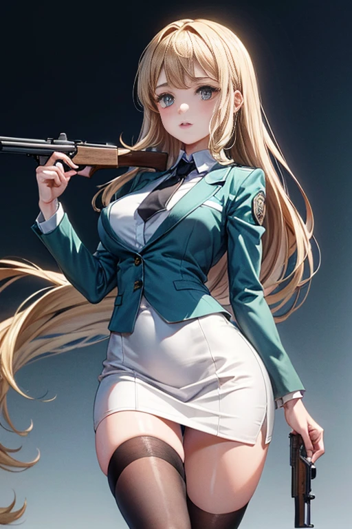 Highest quality、Ultra HD、One Woman、(Silver long hair 1.3)、(Green blazer 1.3)、(White tight mini skirt 1.3)、(Black tie)、(Black loafers 1.1)、((Shooting a gun 1.2))、(Large Breasts)、(Thighs)、(Black knee-highs 1.2)、(Beautiful face with sharp eyes 1.2)、40-year-old woman、Slender body、(Evening school background 1.2)、((Clear and beautiful touch))
