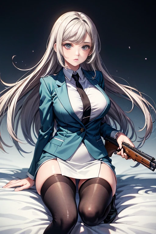 Highest quality、Ultra HD、One Woman、(Silver long hair 1.3)、(Green blazer 1.3)、(White tight mini skirt 1.3)、(Black tie)、(Black loafers 1.1)、((Shooting a gun 1.2))、(Large Breasts)、(Thighs)、(Black knee-highs 1.2)、(Beautiful face with sharp eyes 1.2)、40-year-old woman、Slender body、(Evening school background 1.2)、((Clear and beautiful touch))