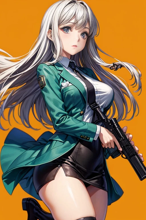 Highest quality、Ultra HD、One Woman、(Silver long hair 1.3)、(Green blazer 1.3)、(White tight mini skirt 1.3)、(Black tie)、(Black loafers 1.1)、((Shooting a gun 1.2))、(Large Breasts)、(Thighs)、(Black knee-highs 1.2)、(Beautiful face with sharp eyes 1.2)、40-year-old woman、Slender body、(Evening school background 1.2)、((Clear and beautiful touch))