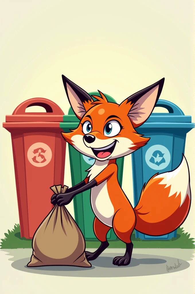 Fox throws trash, background has 3 sorting trash cans flow style cartoon . And fox have a bag trash in hand