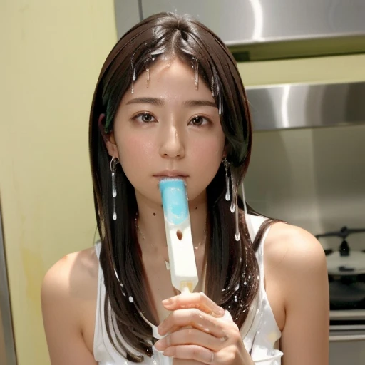 1 large cylindrical white popsicle with condensed milk、Blowjob、Embarrassed expression、Detailed expression、(close ~ eye)、(Please open your mouth wide:1.4)、(Put a large cylindrical white popsicle with condensed milk into your mouth、Insert all the way in:1.4)、deep throat、Holding tightly in her mouth a large cylindrical white popsicle with condensed milk on it、(White condensed milk drips from the mouth:1.5)、