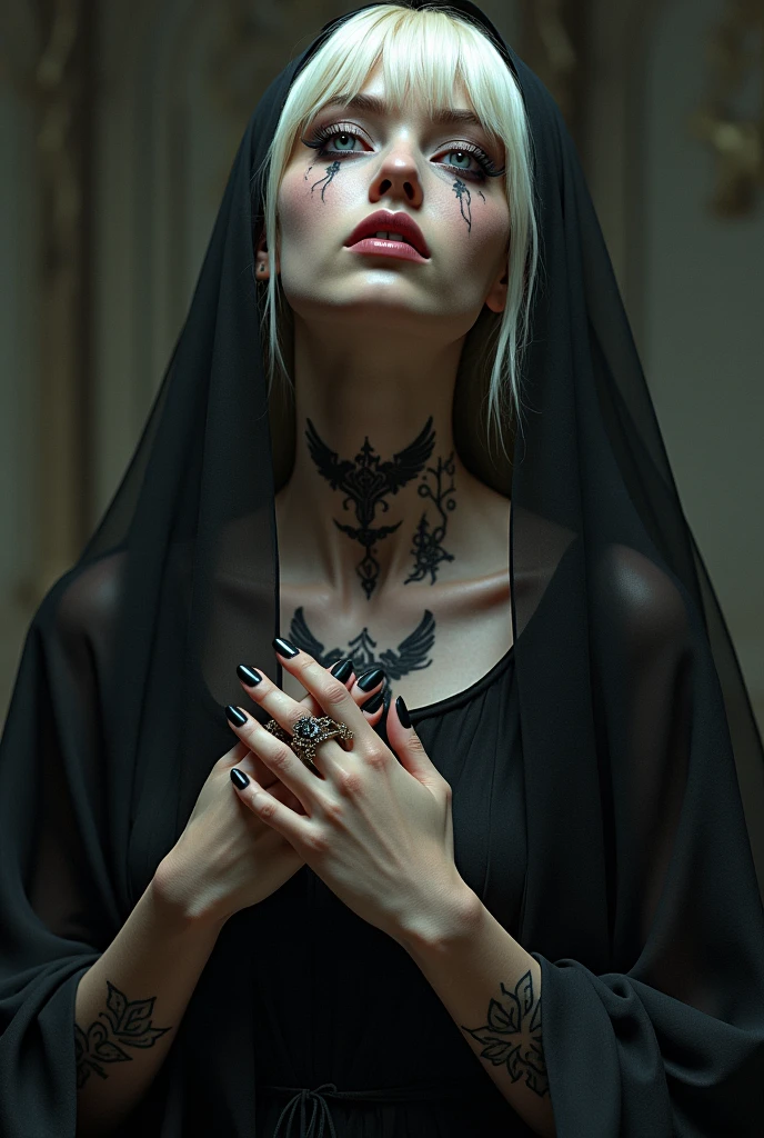 A magnificent depiction of a gorgeous nun painted in the style of Anne Stokes, Wear gothic accessories, Inspired by Hedy Zandt, Gothic art style, Gothic Makeup.Digital Art,masterpiece .elegant ,A charming nun with pearly blonde hair in the style of Eric Wallis, Got a cross tattoo,, Looking up at the monochromatic photo, Gothic horror atmosphere,,Black Makeup,Long eyelashes,8k yen,16K, god秘的なオーラを高める, Transparent chiffon cassock, Flowing with almost imperceptible movement, Adorned with gothic tattoos depicting symbols and wings., Fingers adorned with Gothic rings, Mark Rib&#39;photography style, Professionally shot in a studio, Ultra HD, god々Realistic expression of elegant elegance, Have a sharp focus, Complex parts, As seen in the Octane image,Detailed acrylic with grunge texture, Complexity in every stroke, Rendered in Unreal Engine for photorealistic effects. High resolution, high quality, masterpiece .Cinema Lighting

