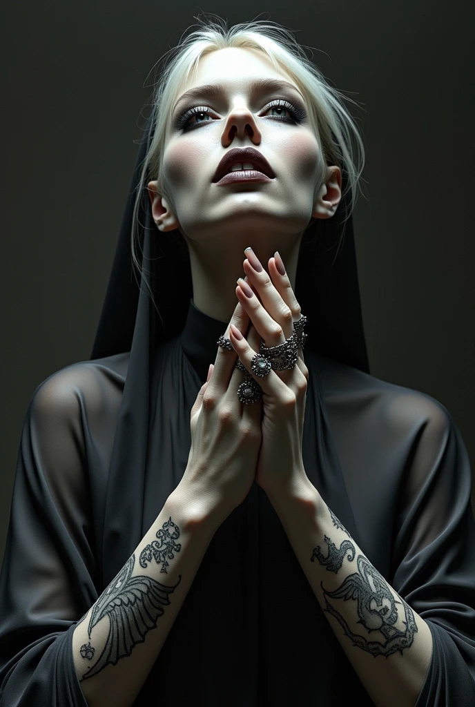 A magnificent depiction of a gorgeous nun painted in the style of Anne Stokes, Wear gothic accessories, Inspired by Hedy Zandt, Gothic art style, Gothic Makeup.Digital Art,masterpiece .elegant ,A charming nun with pearly blonde hair in the style of Eric Wallis, Got a cross tattoo,, Looking up at the monochromatic photo, Gothic horror atmosphere,,Black Makeup,Long eyelashes,8k yen,16K, god秘的なオーラを高める, Transparent chiffon cassock, Flowing with almost imperceptible movement, Adorned with gothic tattoos depicting symbols and wings., Fingers adorned with Gothic rings, Mark Rib'photography style, Professionally shot in a studio, Ultra HD, god々Realistic expression of elegant elegance, Have a sharp focus, Complex parts, As seen in the Octane image,Detailed acrylic with grunge texture, Complexity in every stroke, Rendered in Unreal Engine for photorealistic effects. High resolution, high quality, masterpiece .Cinema Lighting