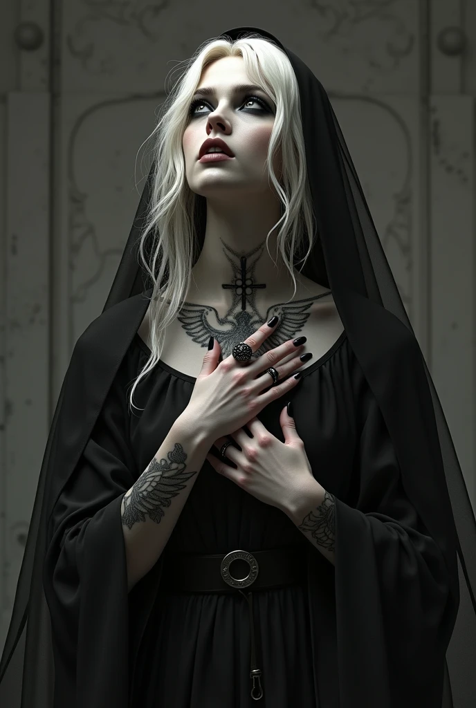 A magnificent depiction of a gorgeous nun painted in the style of Anne Stokes, Wear gothic accessories, Inspired by Hedy Zandt, Gothic art style, Gothic Makeup.Digital Art,masterpiece .elegant ,A charming nun with pearly blonde hair in the style of Eric Wallis, Got a cross tattoo,, Looking up at the monochromatic photo, Gothic horror atmosphere,,Black Makeup,Long eyelashes,8k yen,16K, god秘的なオーラを高める, Transparent chiffon cassock, Flowing with almost imperceptible movement, Adorned with gothic tattoos depicting symbols and wings., Fingers adorned with Gothic rings, Mark Rib'photography style, Professionally shot in a studio, Ultra HD, god々Realistic expression of elegant elegance, Have a sharp focus, Complex parts, As seen in the Octane image,Detailed acrylic with grunge texture, Complexity in every stroke, Rendered in Unreal Engine for photorealistic effects. High resolution, high quality, masterpiece .Cinema Lighting