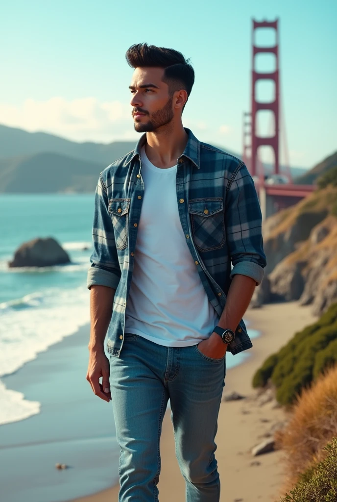 (photorealism:1.2), "A handsome young man with a sharp jawline and short black hair, neatly slicked back. He is wearing a blue flannel shirt over a white t-shirt, paired with jeans and Adidas sneakers. He is walking along the coast in San Francisco. The image should be in a retro, nostalgic style with a crisp, vibrant finish."