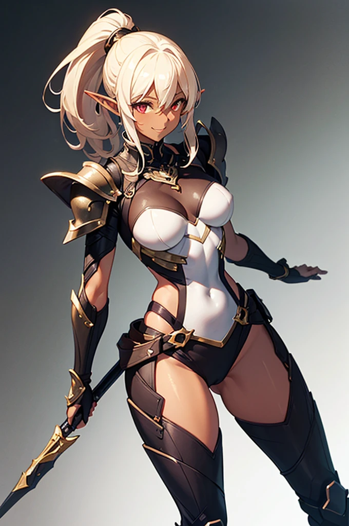 Beautiful images,Detailed Images,Official image,(Background of the base),One Woman,Blonde,Red Eyes,Ponytail Hair,Model body type,(Dark Skin:1.3),Elf Ears,Large Breasts,(Bioarmor:1.3),Smile small,