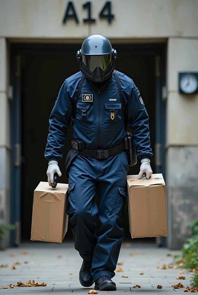 A bomb disposal expert in a navy blue bomb disposal suit with a bomb helmet during a furniture move with full hands and boxes. Faces cannot be recognized. In front of a building with the inscription A14.