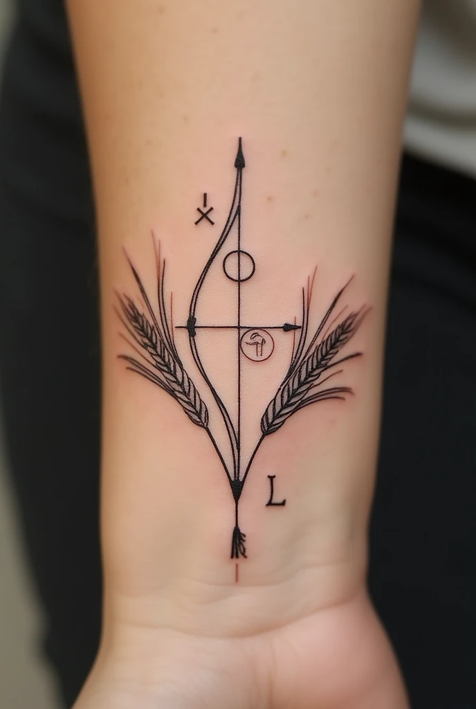 Small tattoo with the bow and arrow of Sagittarius where there are strands of wheat as well as a symbol of the scorpion