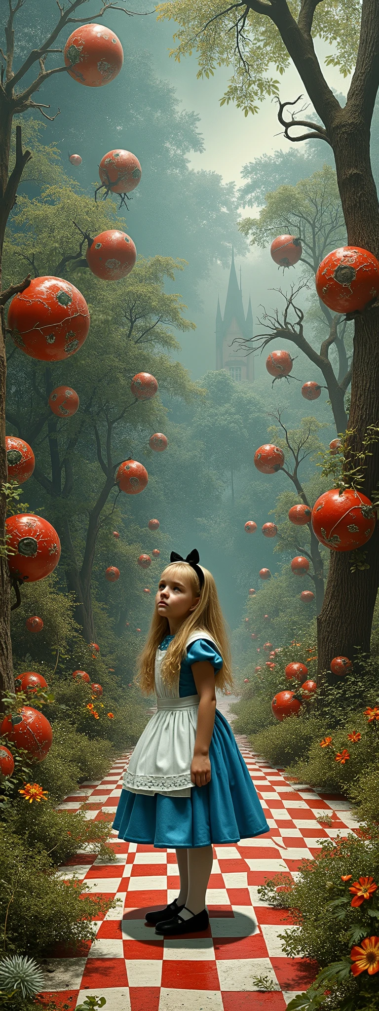 In the middle of the image is Alice\(Alice in Wonderland, wondering\), in the world everything is wrong, probably at the garden of the Queen of Hearts' palace, wrong perspective, wrong distance, very out of balance, psychedelic world, time interval is wrong, up-down relationship wrong,The direction of gravity is not correct, the relationship between light and shade is wrong, the shadow of Alice is in a different pose, work by Salvator Dali, collage of realistic photographs, planar expression, many strange creatures