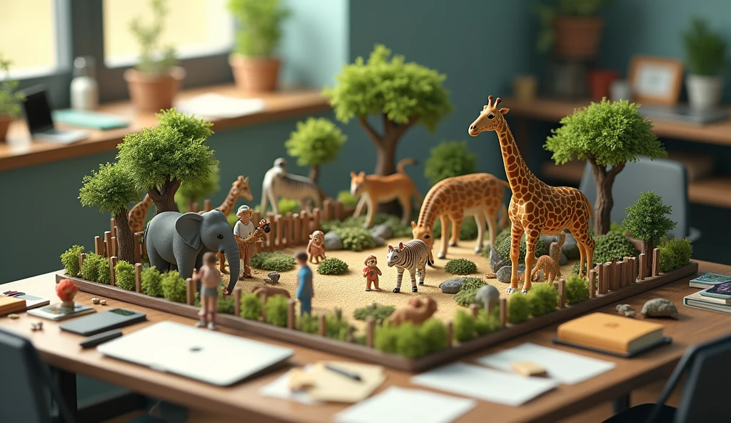 A miniature zoo scene set on a cluttered office desk. The desk has a laptop, mouse, smartphone, writing tools, and scattered sheets of paper. The miniature zoo features tiny versions of animals such as an elephant, tiger, monkey, zebra, and giraffe. There are also small adult and child visitors exploring the zoo, as well as a janitor cleaning within the zoo environment.