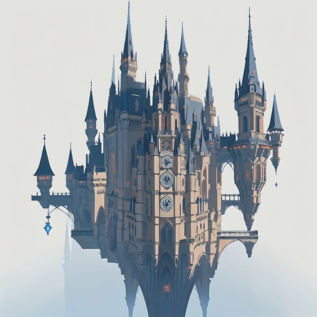Upside Down Castle,2D Art, Game Assets,  Close-up of a castle with a clock on top, Gothic Futurist architecture, Fantasy architecture, An exquisitely crafted building, Complex architecture, Extremely detailed line drawing, Complex concept art, Thomas Veyrat Incrusted,Deformed castle,  High Fantasy Castle, Asymmetrical spire, Architectural Illustration, Neo-Gothic Concept, Very long spire , Composition seen from the side, Black outline, Upside-down castle