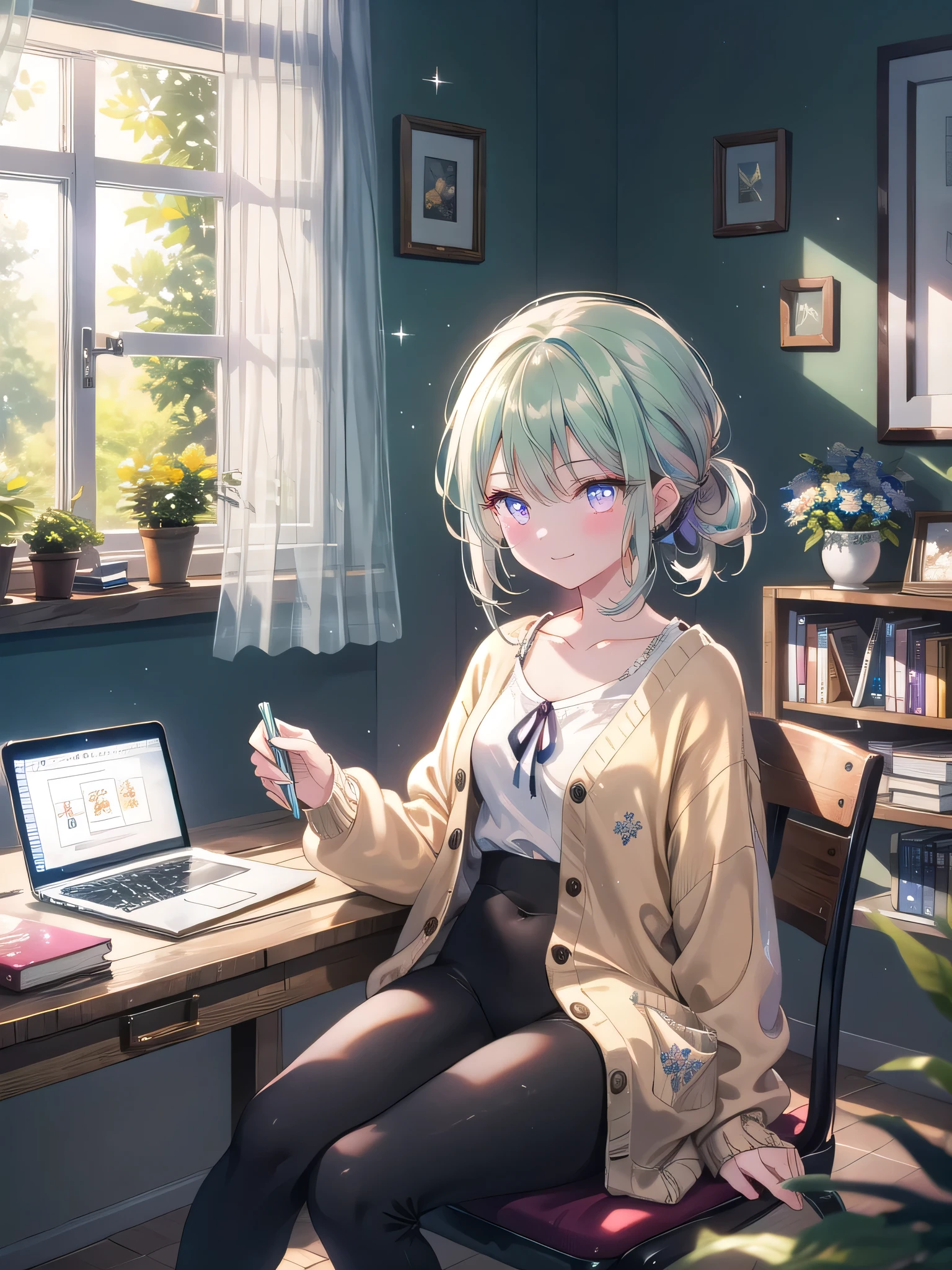 ((8k, Highest quality, masterpiece: 1.3)),Ultra-high resolution,(1 girl, alone), (Color changing eyes, Ultra-detailed, Expressive brilliance, Glitter, Glowing Eyes), Highly detailed eyes, Highly detailed face, Random Hair, ((pastel colour)) In a home office setting, the woman is seated at a wooden desk with a laptop, several notebooks, and a cup of tea. The room has white walls adorned with minimalist art prints, a cozy rug, and a small bookshelf filled with books and decorative items like candles and a globe. A window behind her shows a lush green garden with sunlight streaming in. She’s dressed casually in a cream cardigan over a plain white top and black leggings, with her hair loosely tied back. She glances at the camera with a gentle smile, appearing relaxed and content while jotting down notes.