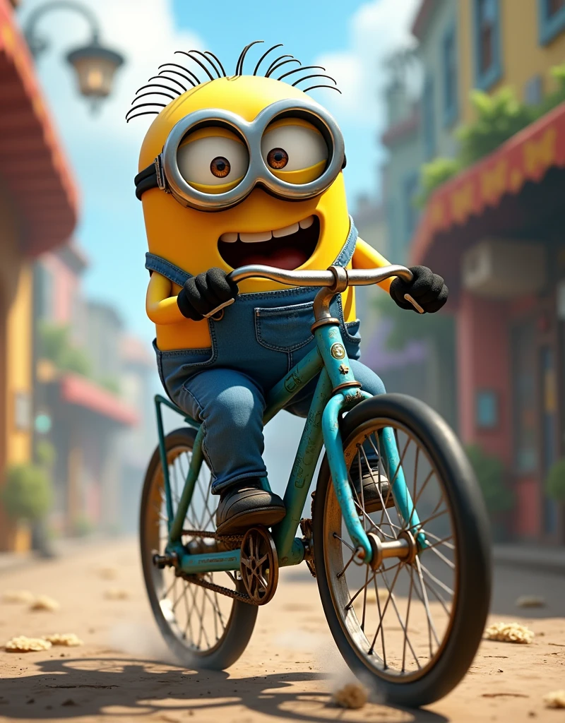Minion Kevin finds an old blue bike The race begins, Kevin pedaled vigorously but the old bike kept making creaking sounds., khiến anh ta mất thăng bằng vài lần.