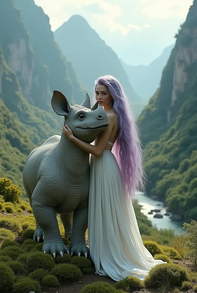 photorealistic fashion portrait, white woman, silver/violet hair, long hair, wider hips, jurassic park, moss, mountains, hugging small triceratops, river