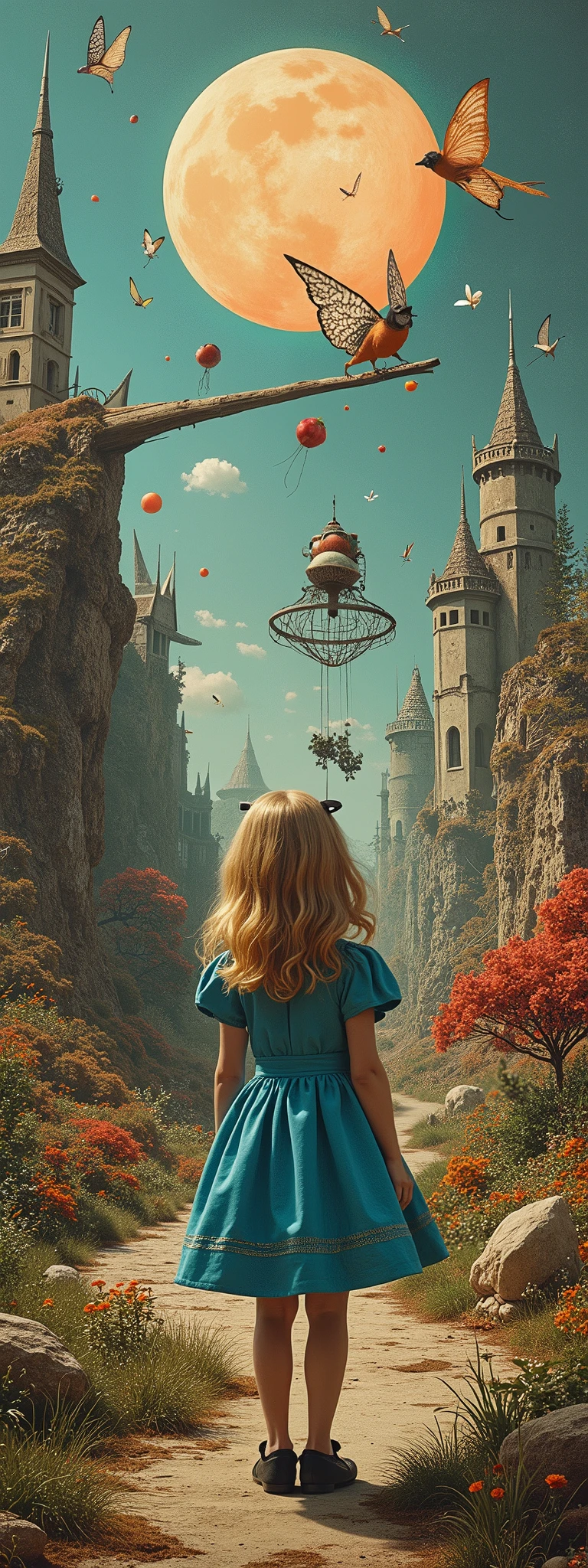 In the middle of the image is Alice\(Alice in Wonderland,, wondering\), in the world everything is wrong, A Mad Tea-Party, wrong perspective, wrong distance, very out of balance, psychedelic world, time interval is wrong, up-down relationship wrong,The direction of gravity is not correct, the relationship between light and shade is wrong, the shadow of Alice is in a different pose, work by Salvator Dali, collage of realistic photographs, planar expression, many strange creatures