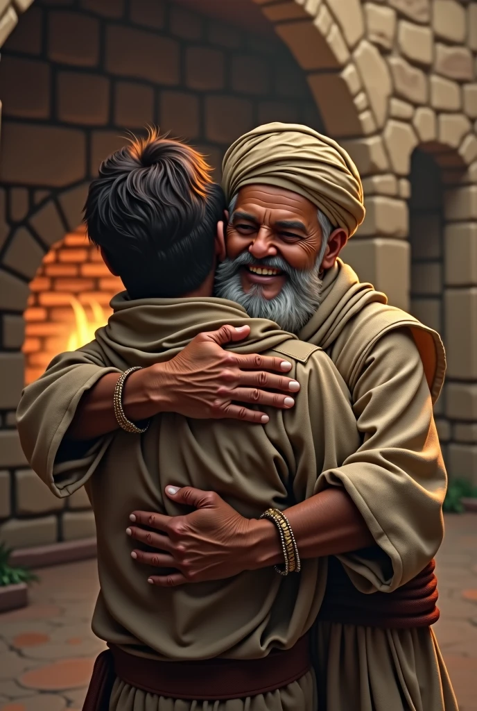 Here’s the prompt for this scene:

"A detailed scene set in ancient times, showing the old religious man wearing a turban and captured it from back side standing near the tandoor, his face filled with joy and pride. He warmly embraces the young man, holding him close to his chest in a heartfelt hug. The tandoor's warm glow illuminates their faces, highlighting the deep bond between them. The setting is rustic, with the stone walls and simple surroundings adding to the emotional and uplifting moment as the elder man expresses his happiness and approval."