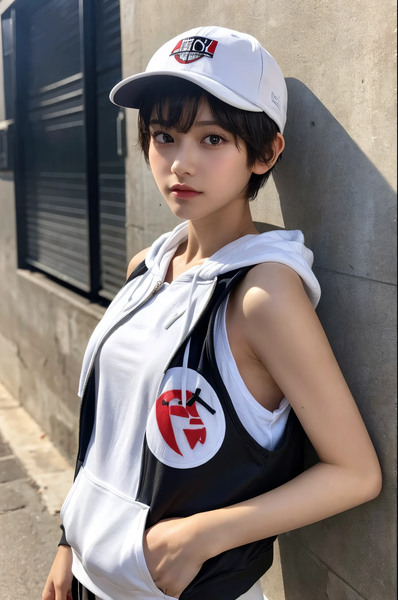 masterpiece, Highest quality, Very detailed, 8k, Realistic, One Girl, alone, Tomboy, Very detailed face, (head shot:1.5), Standing in front of a wall covered in hip hop graffiti, Pixie cut white hair, He is wearing a short tank top and an open-zipped hoodie....,I can see your chest,Nice ass,Wear a New Era cap, Off the shoulder