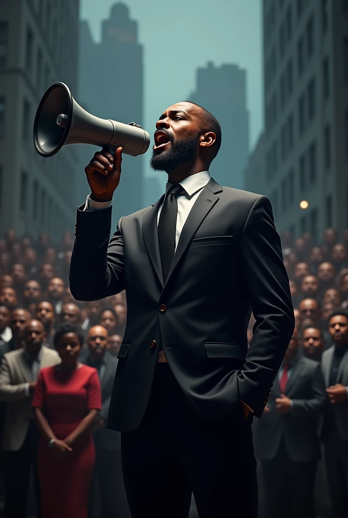 A black man holding a megaphone to preach 
