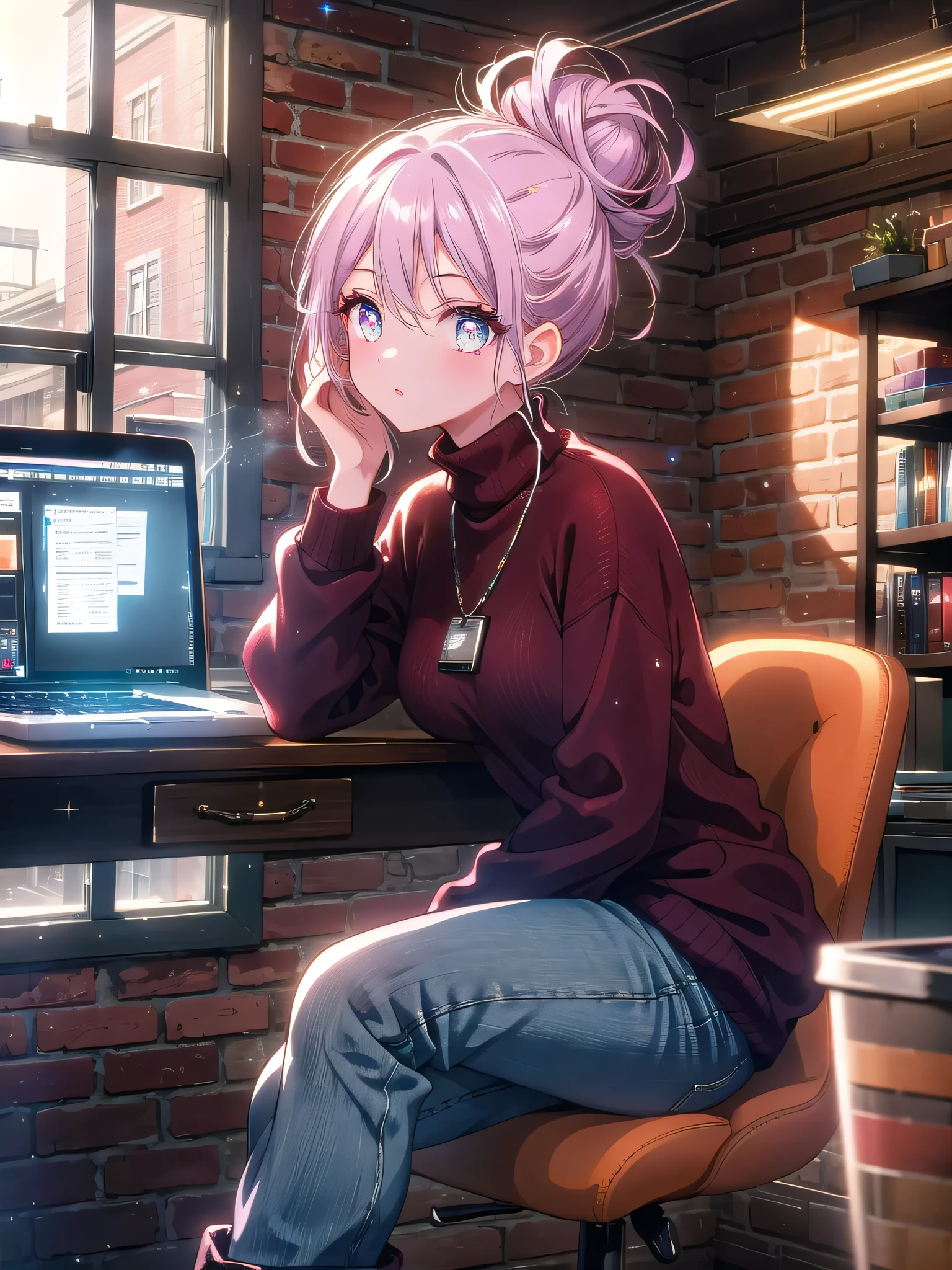 ((8k, Highest quality, masterpiece: 1.3)),Ultra-high resolution,(1 girl, alone), (Color changing eyes, Ultra-detailed, Expressive brilliance, Glitter, Glowing Eyes), Highly detailed eyes, Highly detailed face, Random Hair, ((pastel colour)) In a shared workspace, the woman is seated at a long table with her laptop, a notebook, a pen, and a cup of coffee. The space is open-plan with exposed brick walls, large industrial-style windows showing a bustling street, and modern light fixtures hanging from the ceiling. Around her, other professionals are engaged in their tasks. She’s dressed in a maroon sweater, tailored dark jeans, and ankle boots, with her hair in a neat bun. She glances at the camera with a confident, focused expression, suggesting she’s in the middle of brainstorming ideas.