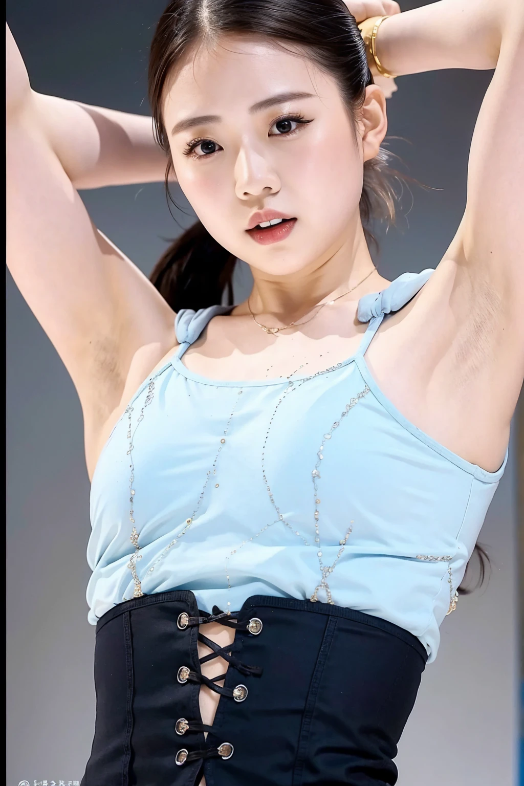 (masterpiece, best quality:1.2), 1girl, 独奏、Rika、ponytail、Cowboy Shot、Black Hair、Light blue outfit、Armpit、Bare forehead、(Perfectly balanced body)