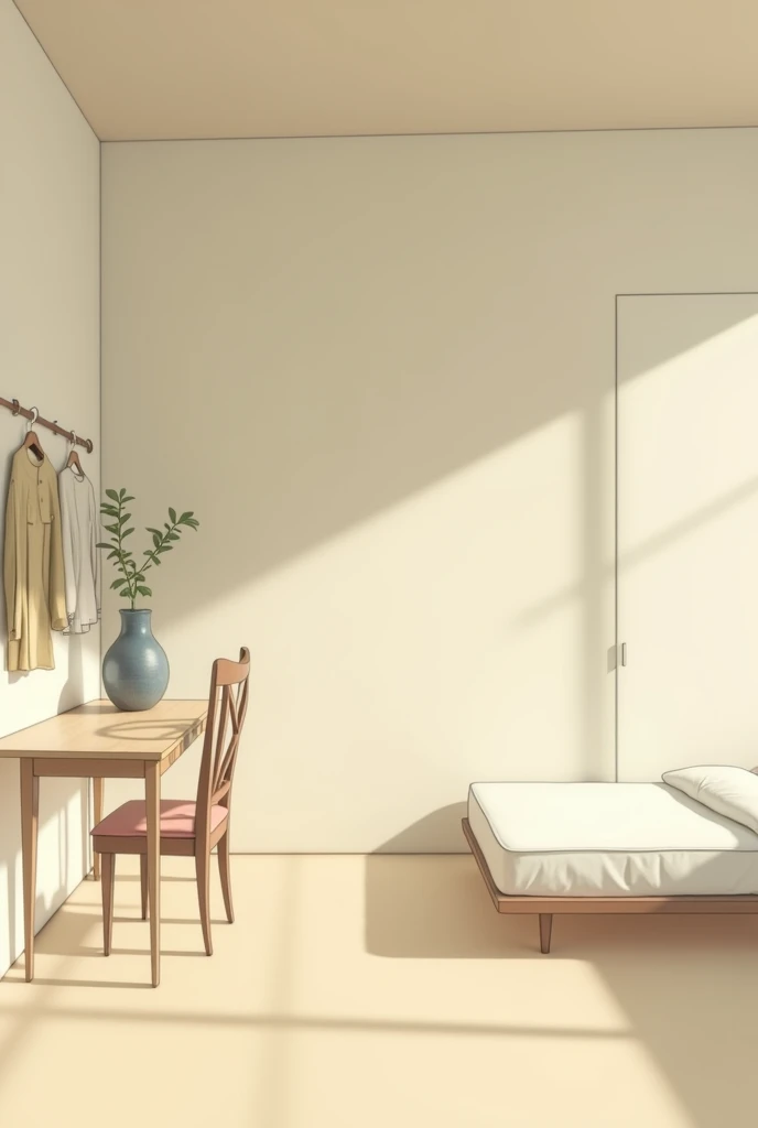 1 empty room 64m2, Start painting the room beige , legless bed , put on the right side,hang clothes , set desk