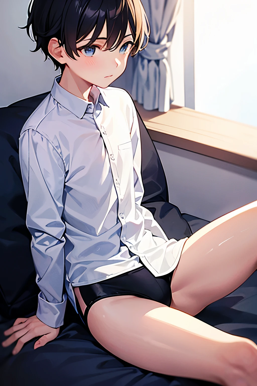 a boy sitting in a bedroom, wearing a white long sleeve shirt and black underwear, viewed from the side,