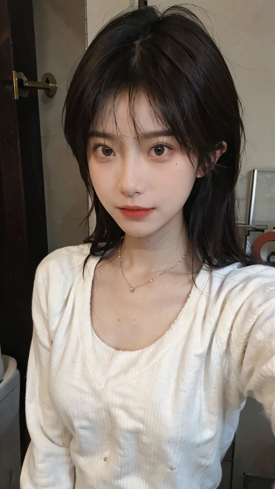 Best quality,Ultra-high resolution,(Realism:1.4),Cute hairpins,Baoyu Girl,1 Girl,Red short sweater,Beautiful woman with a slim figure:1.4,Abdominal muscles:1.1,(Brown hair,Mid-chest:1.3),bathroom,Super delicate face,Exquisite eyes,Double eyelids,make faces,necklace