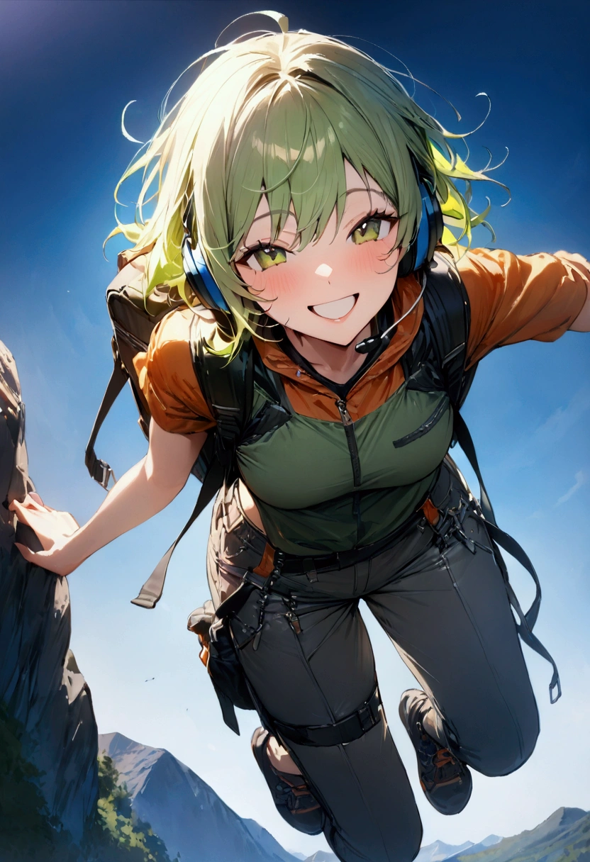 Yellow-green hair color,woman,Mountain climbing,Carrying a backpack, Cinema Lighting, (masterpiece:1.2), 最high quality, high quality, High resolution, (Super detailed), Detailed Background, One person,headphone,smile,Light background,blue sky,Have fun and laugh,