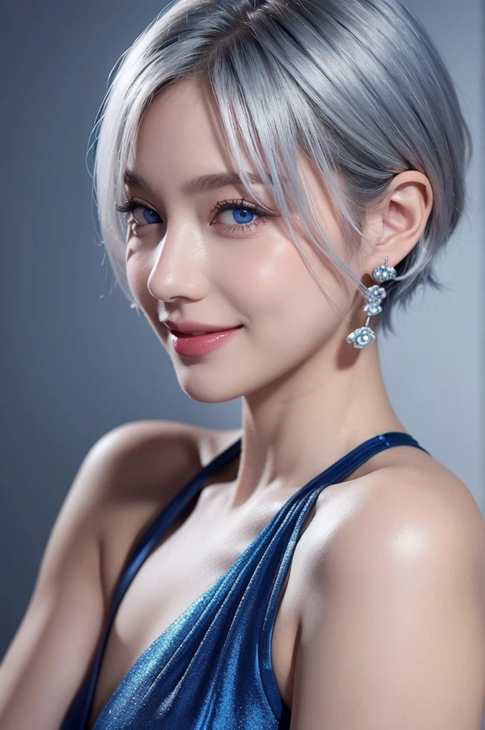 Silver Hair Short Hair Blue Eyes Beauty smile live-action Blue dress Earrings