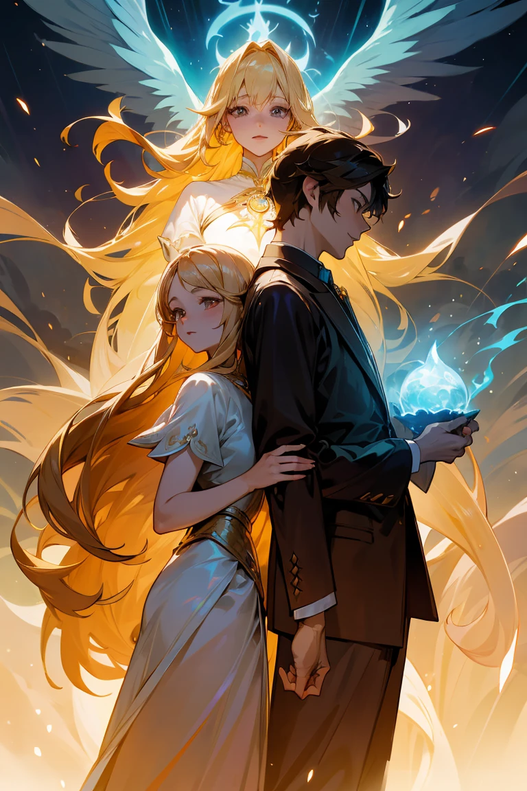 A radiant D&D woman and man, both with phoenix-like qualities, stand together in a mythical setting surrounded by magical creatures. The woman has long, flowing honey blonde hair and mesmerizing coffee brown eyes, her presence exuding warmth and grace. The man beside her has short black hair and piercing ocean blue eyes, his aura powerful and protective. They are enveloped in an ethereal glow, their forms reminiscent of phoenixes, symbolizing rebirth and immortality. The landscape around them is alive with mythical creatures and vibrant colors, creating a scene of wonder and enchantment as they stand together, united by their mystical bond.