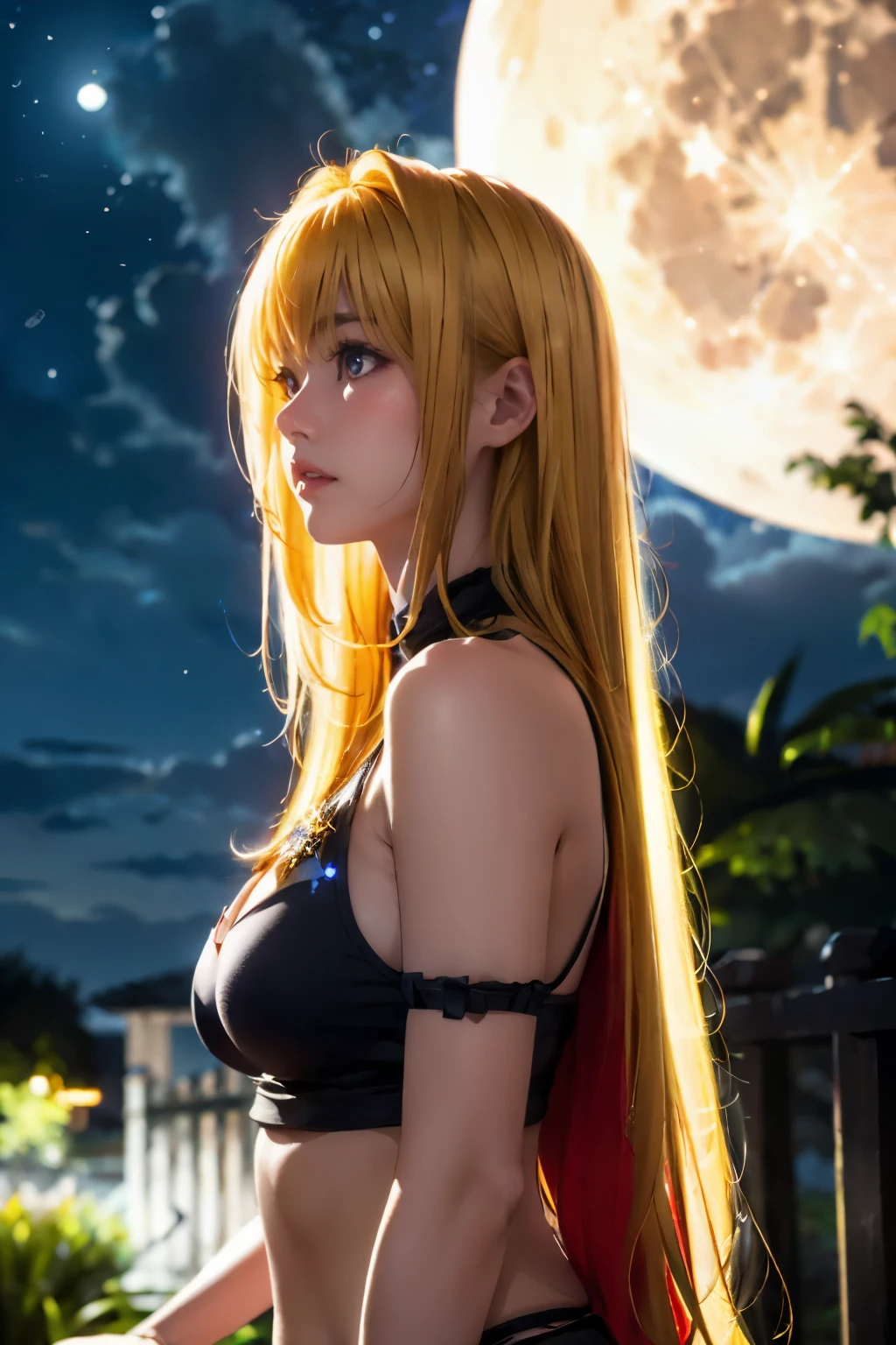 yami , star night, stars , night , outside, moon, full moon, blonde_hair, red eyes