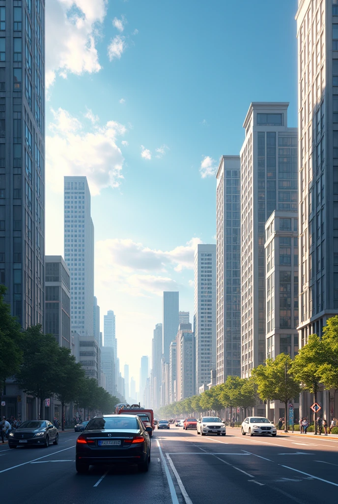 Crée une image d'un cadre urbain animé en arrière-plan, on voit des bâtiments modernes et des voitures en mouvement
. Le ciel est clair avec quelques nuages, et le soleil brille, créant des ombres douces sur le sol