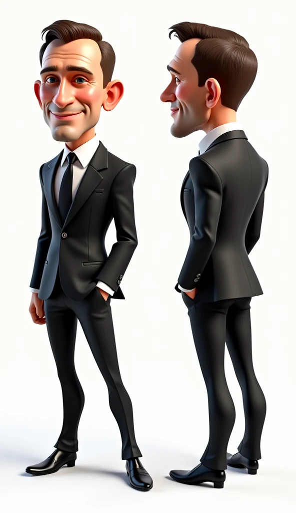 A consistent character design sheet of the caricature style of Daniel Craig's face, Black suit, full body, 3d shading, white background, different poses, different angles, front view, side view, perspective view.