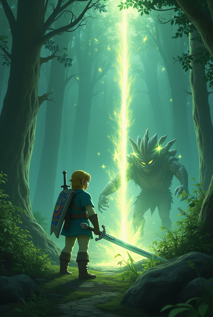 A character as Link from "The Legend of Zelda" is shooting beam from his legendary magical sword to a monster in the lost woods. daylight, but inside the woods is a bit dark because of the large trees covering the sky, the plants inside the woods are glowing purple and green, adding the atmosphere of mystery inside the lost woods. monsters are lurking from behind the bushes trying to find a chance to do an ambush to link