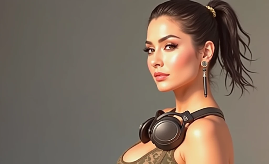 Bright sunny day scene, full body of SEXIEST 45YO MILF AISHWARYA RAI, army commando lady, sweat on body, headphone on sweaty cleavage, MEDIUM breasts, mature milf thick curvy figure, posing in desert, black pants and boots and crop top, wet hair, seductive face, look at camera and winking, black ponytail hair, erotic adult face, 45yo, soft volumetric lights, (backlit:1.3), intricate details, (ArtStation:1.2)
