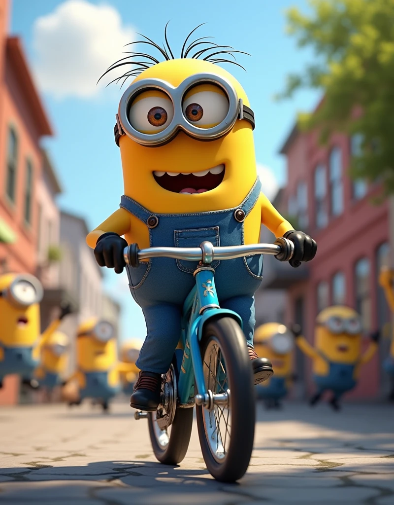 Minion Kevin finds an old blue bike The race begins, Kevin happened to pass by a bicycle race in the neighborhood., with the other Minions cheering. He decided to participate even though he had never raced a bicycle before...