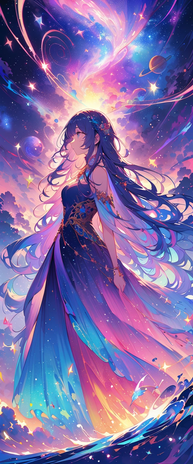 ***"An enchanting image of a girl standing beside a majestic waterfall that pours directly into a swirling galaxy below. The cascading water sparkles with stars and cosmic light, blending seamlessly into the galaxy's vibrant hues of blues, purples, and pinks. The girl gazes in awe, her hair and clothing gently flowing as if being pulled by the cosmic currents. The scene combines elements of fantasy and surrealism, with intricate details in the water and galaxy, creating a dreamlike, mystical atmosphere where the boundaries between earth and the cosmos dissolve —q 2 —ar 2:3."**