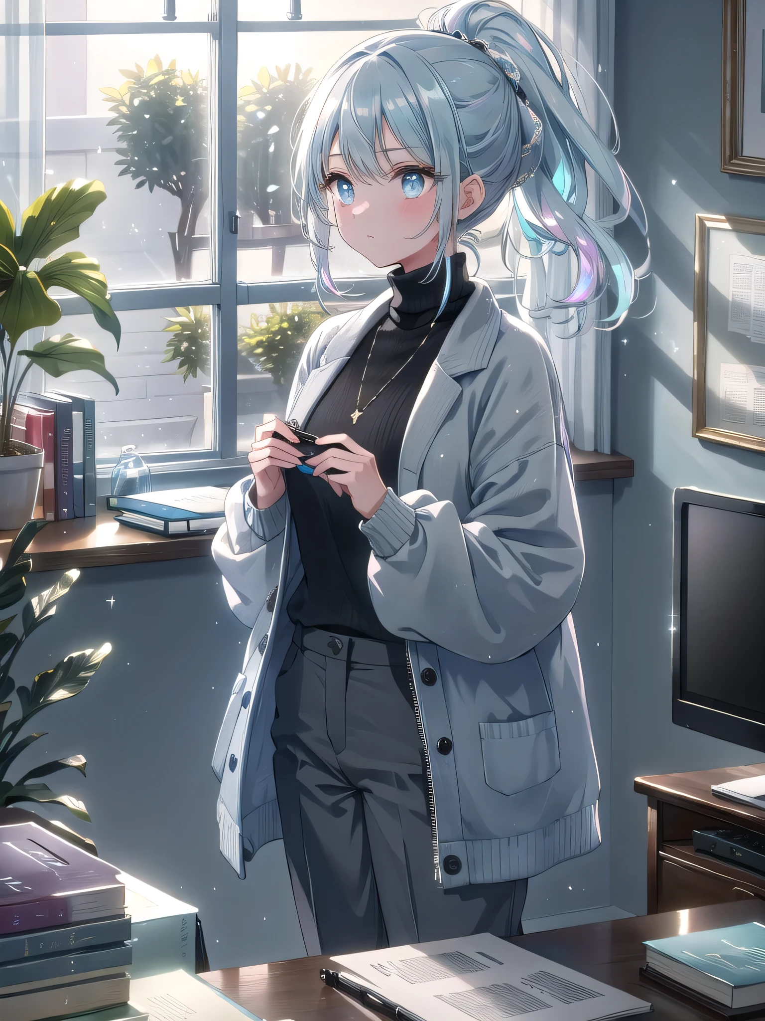 ((8k, Highest quality, masterpiece: 1.3)),Ultra-high resolution,(1 girl, alone), (Color changing eyes, Ultra-detailed, Expressive brilliance, Glitter, Glowing Eyes), Highly detailed eyes, Highly detailed face, Random Hair, ((pastel colour)) At her home office desk, the woman is standing at a standing desk, adjusting her computer screen. Her desk is organized with a mouse, a water bottle, a planner, and a small, chic desk lamp. The background includes a light blue wall with floating shelves filled with books, plants, and decorative objects. A window with half-open blinds reveals a quiet suburban street under a bright, clear sky. She’s dressed casually in a simple black turtleneck, slim grey trousers, and comfortable flats. Her hair is in a high ponytail, and she’s looking at the camera with a focused, slightly stern expression as she concentrates on her tasks.