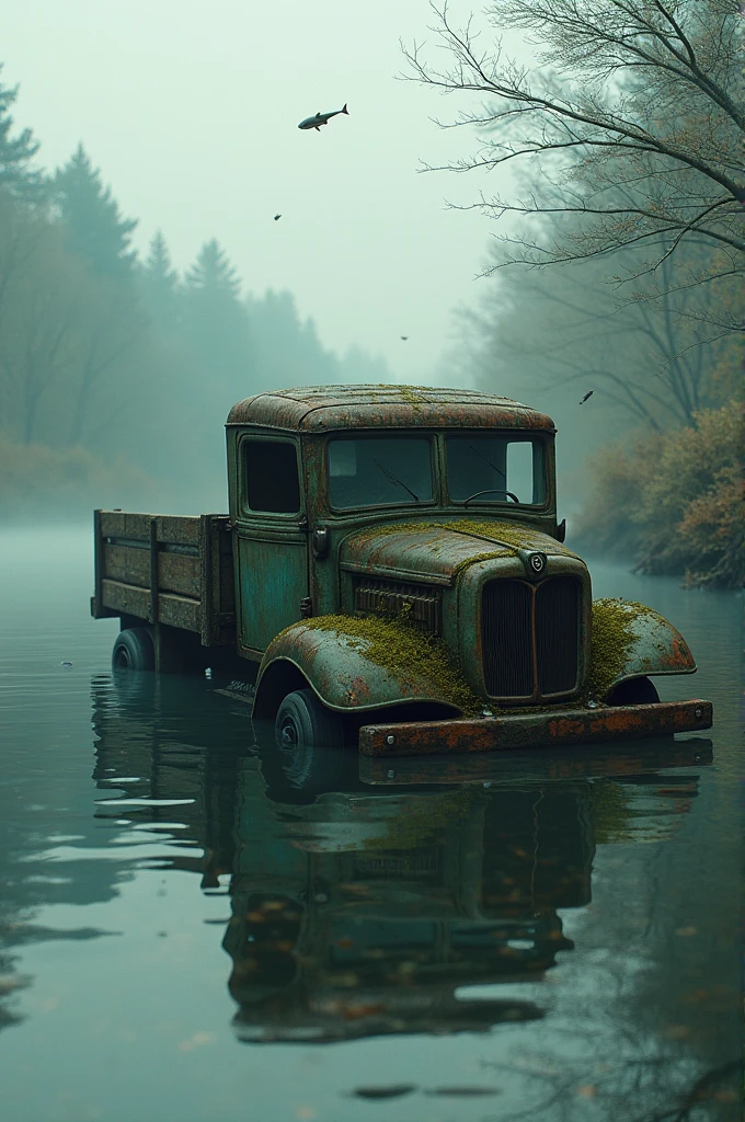 A wooden truck under a river and the truck's door was opened