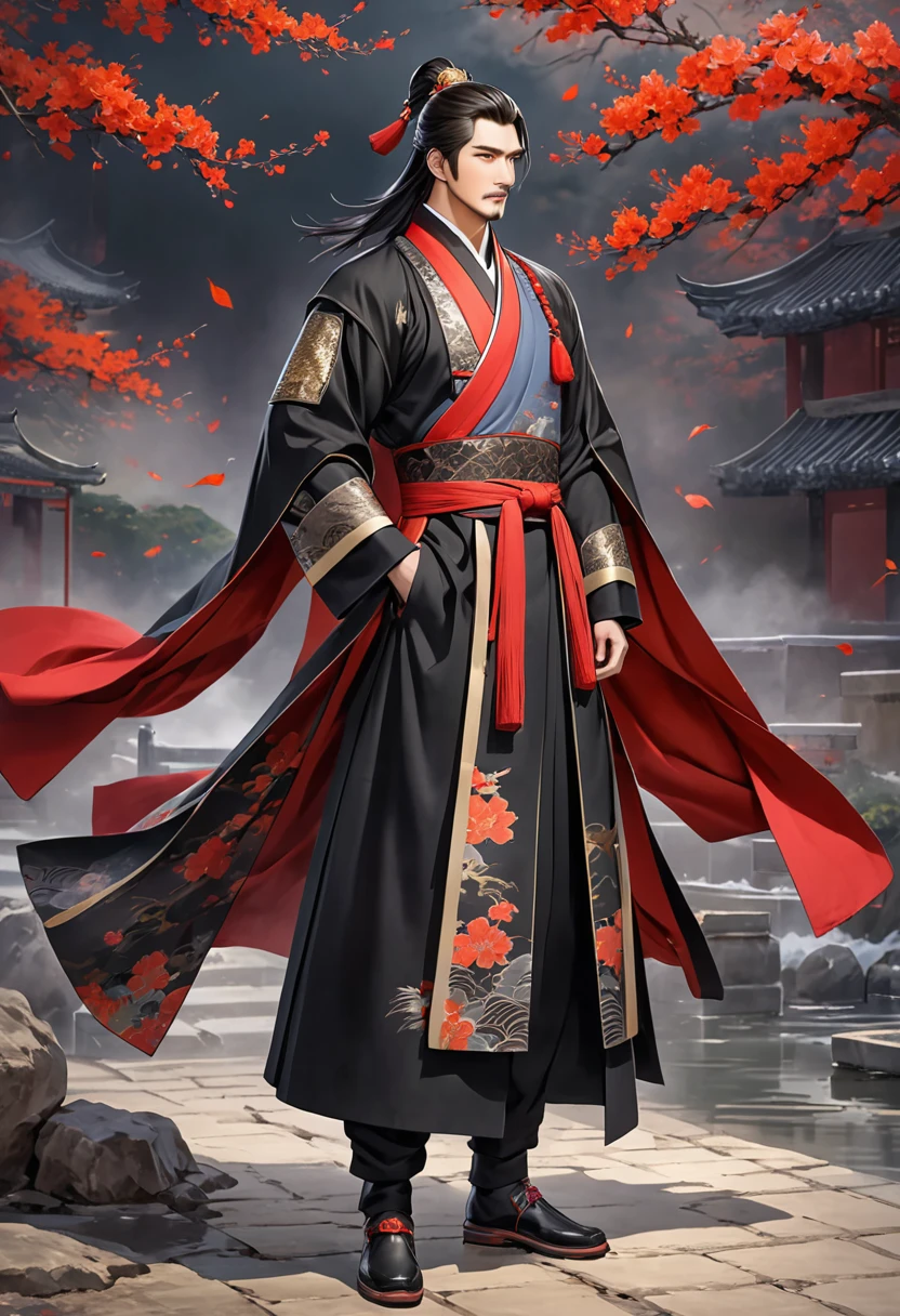 Romance of the Three Kingdoms Zhou Yu, handsome, Full body exposed, Clothes made of a coat, clothes made only of cloth, Black clothes
