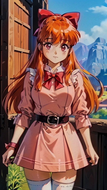 ((1girl, blossom), (extremely detailed CG unit 8k wallpaper),(master part), (best quality), (ultra detail), (best illustration),(Fire Emblem (1997) Ova style), cowboy shot, (Sharp eyeliner, ombre, detail eyes:1), landscape, building, outdoors background, ,break , (Ghibli style), upper body, standing,n(orange hair, blunt bangs, pink eyes:1.2), (hair bow, red bow, simple pink dress, simple black belt, white thighhighs:1.2), 